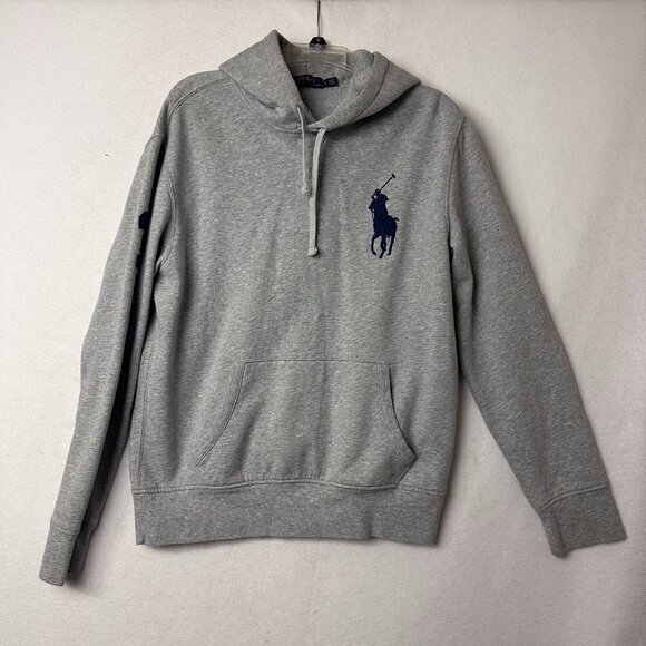 Polo Ralph Lauren Mens Hoodie Large‎ Gray #3 Big Pony navy blue Logo Sweatshirt - Picture 1 of 5